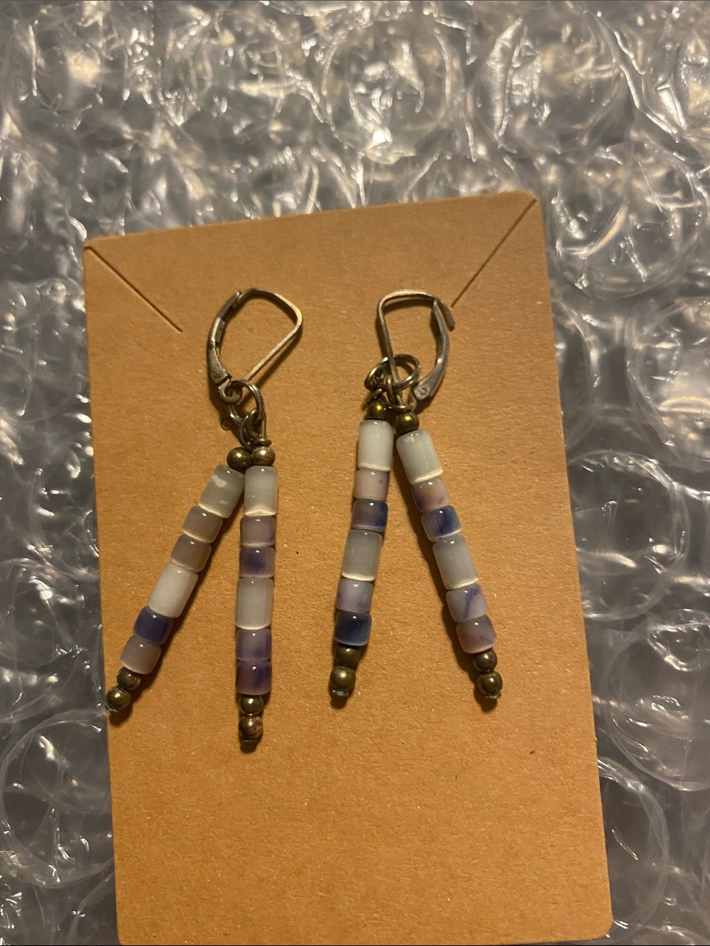 Handmade Purple and White Beaded Dangle Earrings